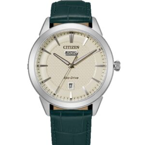 Đồng Hồ Citizen Chính Hãng Nam AW0090-11Z Eco-Drive Ivory Dial Green Leather Men's Watch