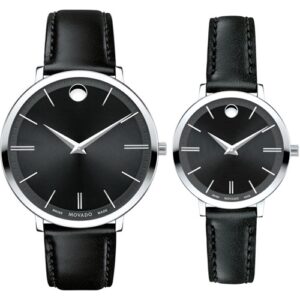 Đồng Hồ Movado Nam Nữ Chính Hãng 0607090 607094 Ultra Slim Black Dial Leather Couple Watch