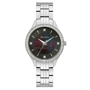 Đồng Hồ Bulova Chính Hãng Nữ 96L281 Silver Tone Black MOP Dial Swarovski Crystals Dress Ladies Watch