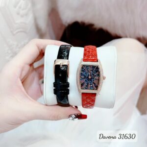 Đồng Hồ Davena Nữ Chính Hãng Ladies Set Watch Black & Red Leather