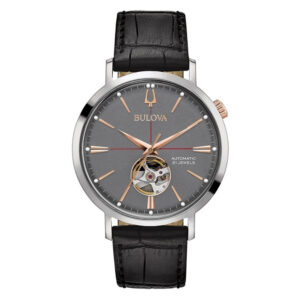 Đồng Hồ Bulova Chính Hãng Nam 98A187 Automatic Grey Dial Black Leather Men's Watch