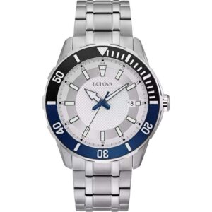 Đồng hồ Bulova Nam Chính Hãng 98B349 Quartz Date Indicator Silver-Tone Blue Bezel Men's Watch