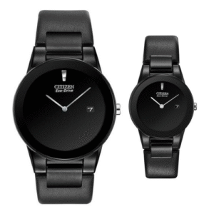 Đồng Hồ Citizen Nam Nữ Chính Hãng Au1065-07E GA1055-06E Eco-Drive Axiom Black Leather Couple Watch