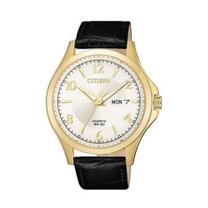 Đồng Hồ Citizen Chính Hãng Nam BF2003-25A Quartz Silver Dial Gold Case 41mm Black Leather Men's Watch